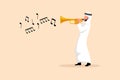 Business design drawing Arabian man play trumpet. Music instrumental. Jazz musician playing trumpet instrument. Trumpet player.