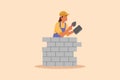 Business design drawing beautiful repairwoman building brick wall. Construction worker in overalls and helmet doing work. Builder