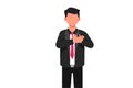 Business design drawing of businessman with pleased expression keeps hands on chest, impressed by good words of gratitude. Man
