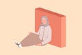 Business design drawing depressed Arab businesswoman sitting in despair on floor and leaning against wall. Entrepreneur sad