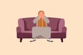 Business design drawing depressed Arab businesswoman sitting on sofa and holding head. Lonely female sitting on couch. Losing job