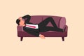 Business design drawing depressed businessman sad tired sleepy resting on sofa. Frustrated worker holding head lying on sofa.