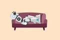 Business design drawing depressed robot tired rest on sofa. Frustrated worker holding head lying on sofa. Future technology