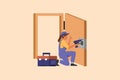 Business design drawing door service decoration. Repairwoman in overalls with equipment repair door element. Locksmith fix lock. Royalty Free Stock Photo