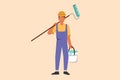 Business design drawing handyman or painter standing with bucket and paint roller. Professional repairman in overalls working on