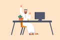 Business design drawing happy Arab businessman sitting near desk with raised one hand high and raised the other. Worker celebrates