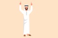 Business design drawing happy Arab businessman standing with pointing index fingers up. Worker celebrates salary increase from