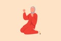 Business design drawing happy Arabian businesswoman kneeling with yes gesture. Worker celebrates salary increase from company.