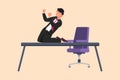 Business design drawing happy businessman kneeling with celebrating goal pose on table desk. Active office worker celebrate