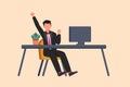Business design drawing happy businessman sitting on workplace with raised one hand high and raised the other. Worker celebrates