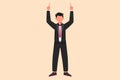 Business design drawing happy businessman standing with both hands pointing index fingers up. Worker celebrates salary increase