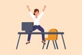 Business design drawing happy businesswoman jumping with raised hands near desk workplace. Cute manager celebrating success of Royalty Free Stock Photo