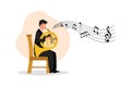 Business design drawing male musician in suit performing classic melody on French horn. Instrumentalist playing music on brass