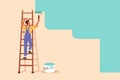 Business design drawing painter standing on ladder paints wall. Handyman holding paint roller. Repairman provide home construction