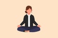 Business design drawing relaxed businesswoman doing yoga and resting from busy work. Worker sitting in yoga pose, meditation,