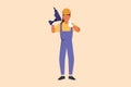Business design drawing repairwoman worker holding electric drill tool for work repair. Builder fixing home cupboard interior.