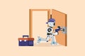 Business design drawing robot repairman with equipment repairing wooden door. Locksmith fix lock. Construction indoor services. Royalty Free Stock Photo