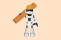 Business design drawing robot timber frame house construction worker. Repairman standing with board, tool box, and drill. Future