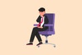 Business design drawing sad depressed businessman sitting on chair thinking about finding money for paying bills during crisis.