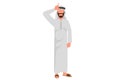 Business design drawing stressed Arabian businessman showing L sign on forehead with finger. Sad office worker making loser symbol