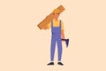 Business design drawing timber frame house construction worker. Repairman standing with board, tool box, and drill. Building, Royalty Free Stock Photo