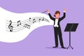 Business design drawing woman music orchestra conductor. Female musician in tuxedo suit with arm gestures. Expressive conductor