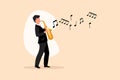 Business design drawing young saxophonist character. Jazz or blues musician, man plays saxophone. Male performer in festival jazz