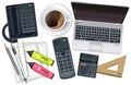 Business desk office set collection Vector realistic. Laptop, cofee, phone and office supplies 3d detailed illustrations