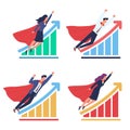 Business development. Growing charts and superheroes men and women in flowing capes and suits flying, successful