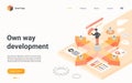 Business development isometric landing page, leader choosing way to achieve goal