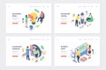 Business development and promotion isometric landing page templates set