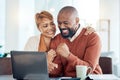 Business, digital success and home couple with computer of black people and winning together. Happy, winner and trading Royalty Free Stock Photo