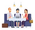 Business dinner. Meeting with work partner or client in restaurant executive cafe business lunch vector characters