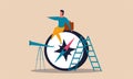 Business discovery and leader man journey. Strategy executive navigation way and compass arrow vector illustration concept. Future Royalty Free Stock Photo