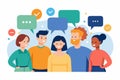 Business discussion concept featuring diverse individuals engaged in conversation with speech bubbles in a modern workspace Royalty Free Stock Photo
