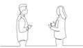 Business discussion of man and woman continuous line drawing one lineart design minimalist vector illustration. Single continuous Royalty Free Stock Photo