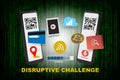 Disruptive challenge words and business technology with smartphones on pattern of green binary code decimal Royalty Free Stock Photo