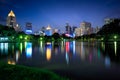 Business district cityscape from a park with twilight time from lumpini park