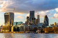 Business district with famous skyscrapers and landmarks at golden hour, London, UK Royalty Free Stock Photo