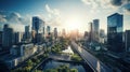 Business district in green city: glass skyscrapers and verdant parks in sunset light