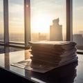Business documents on conference table with city skyline view