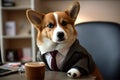 Business dog corgi at his workplace in the office. Generative AI
