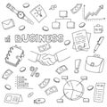 Business doodle icon set. Hand drawn sketch. Coloring page. Vector illustration isolated on white background Royalty Free Stock Photo