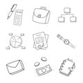 Business doodle icon set. Hand drawn sketch. Coloring page. Vector illustration isolated on white background Royalty Free Stock Photo