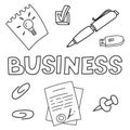 Business doodle icon set. Hand drawn sketch. Coloring page. Vector illustration isolated on white background Royalty Free Stock Photo