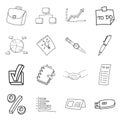 Business doodle icon set. Hand drawn sketch. Coloring page. Vector illustration isolated on white background Royalty Free Stock Photo