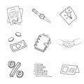 Business doodle icon set. Hand drawn sketch. Coloring page. Vector illustration isolated on white background Royalty Free Stock Photo