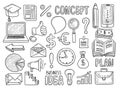 Business doodles. Creative items for work money office computer note pen education tools manager items vector hand drawn