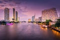 Business Downtown and Cityscape Riverside of Bangkok City at Twilight Sunset Scene, Travel Destination and Famous Place of