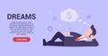 Business dreams concept. A man in a business suit lies and dreams of achieving success in business and getting a lot of money. Web